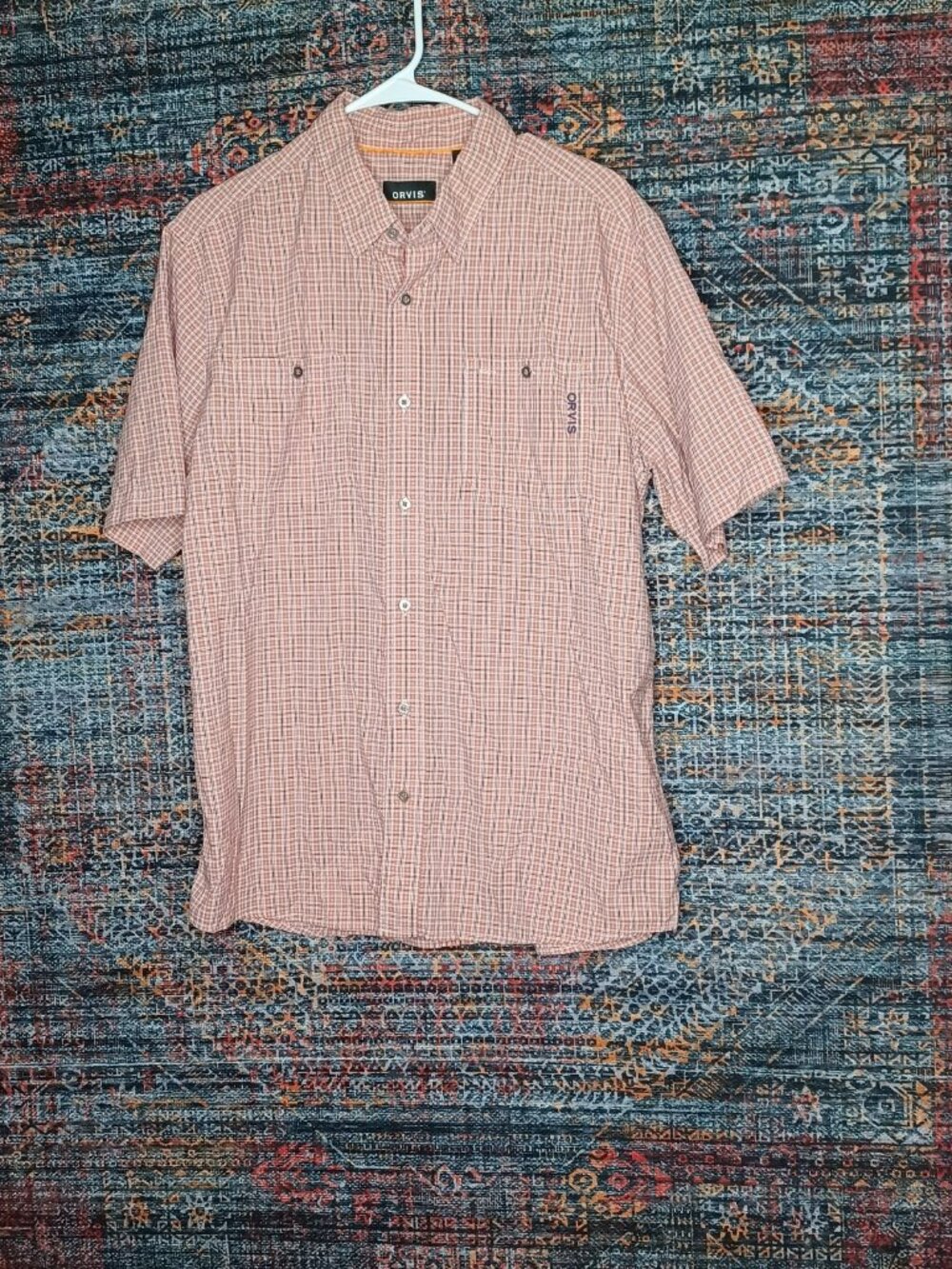 Orvis mens red white navy gray plaid nylon button shirt L 2z45 EUC